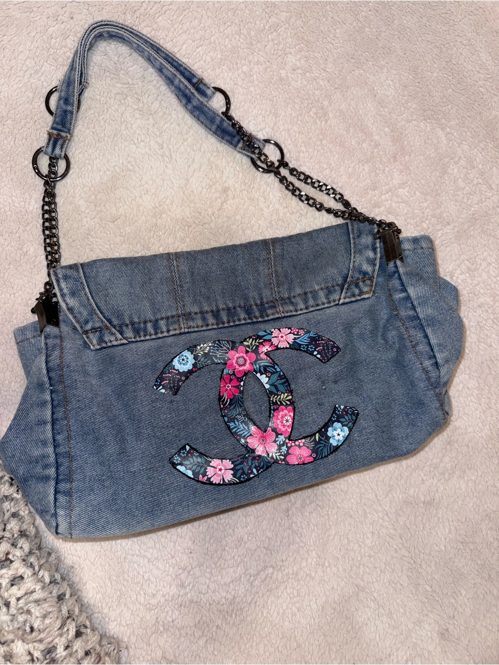 Denim Shoulder Bag with Floral Interlocking Logo in Blue and Pink